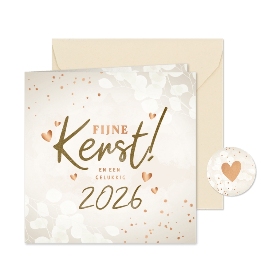 Moderne kerstkaart beige eucalyptus en koper hartjes - Kaartimpressie