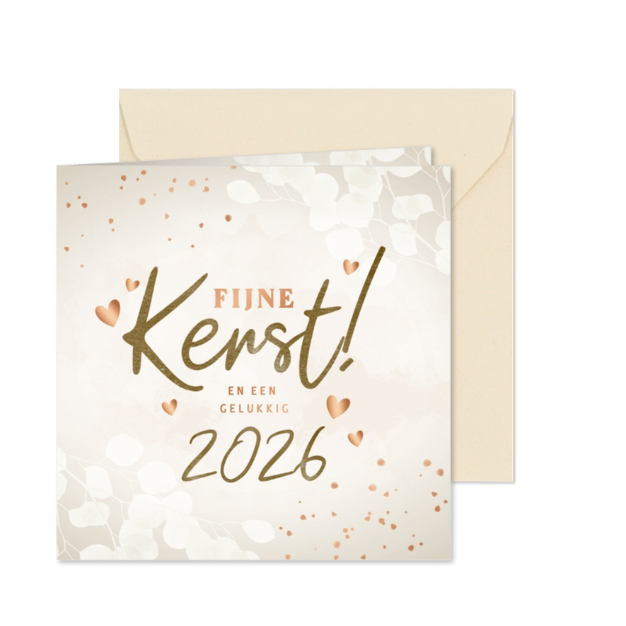Moderne kerstkaart beige eucalyptus en koper hartjes - Kaartimpressie