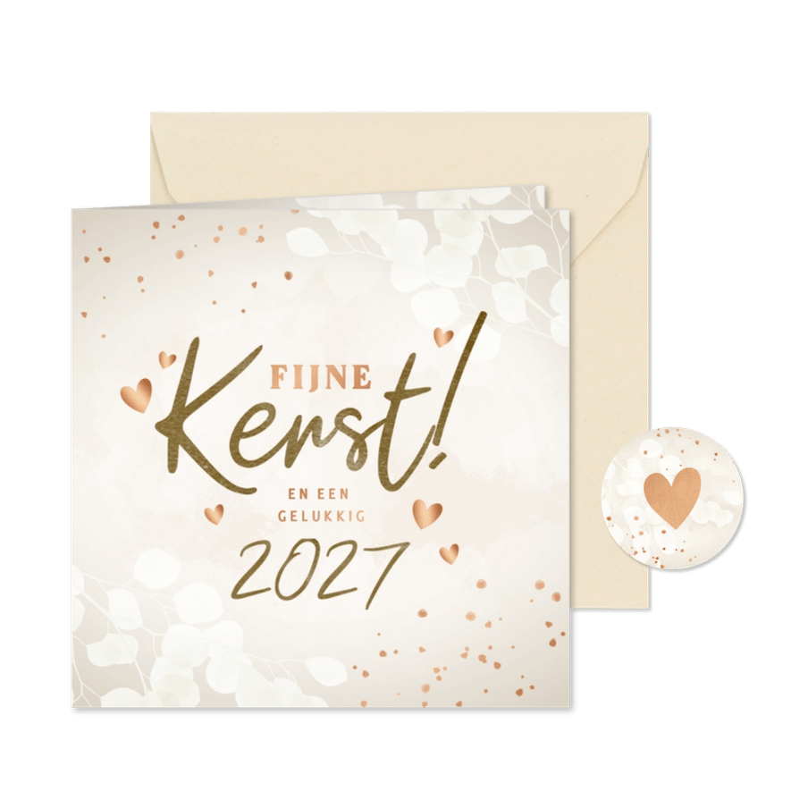 Moderne kerstkaart beige eucalyptus en koper hartjes - Kaartimpressie