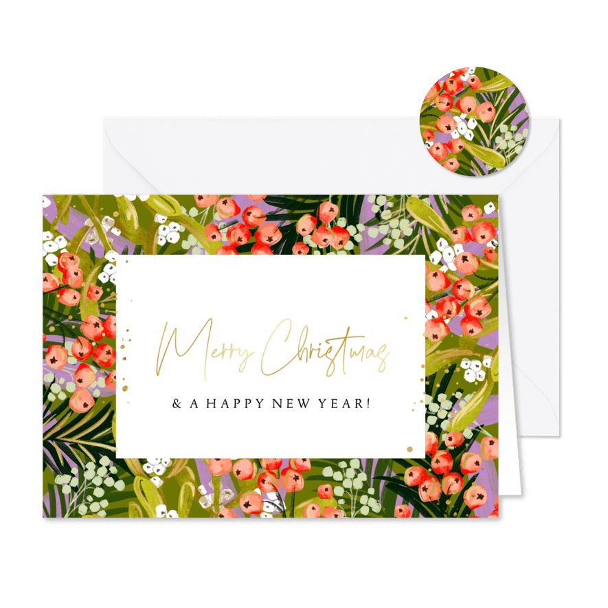 Moderne kerstkaart botanische kersttakken kleurrijk goud - Kaartimpressie