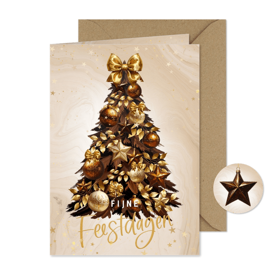 Moderne kerstkaart bruine kerstboom gouden strikken - Kaartimpressie