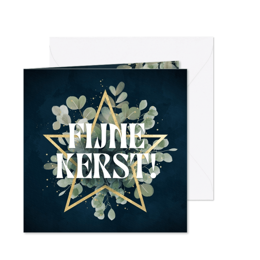 Moderne kerstkaart 'Fijne Kerst' goudlook ster en takjes - Kaartimpressie