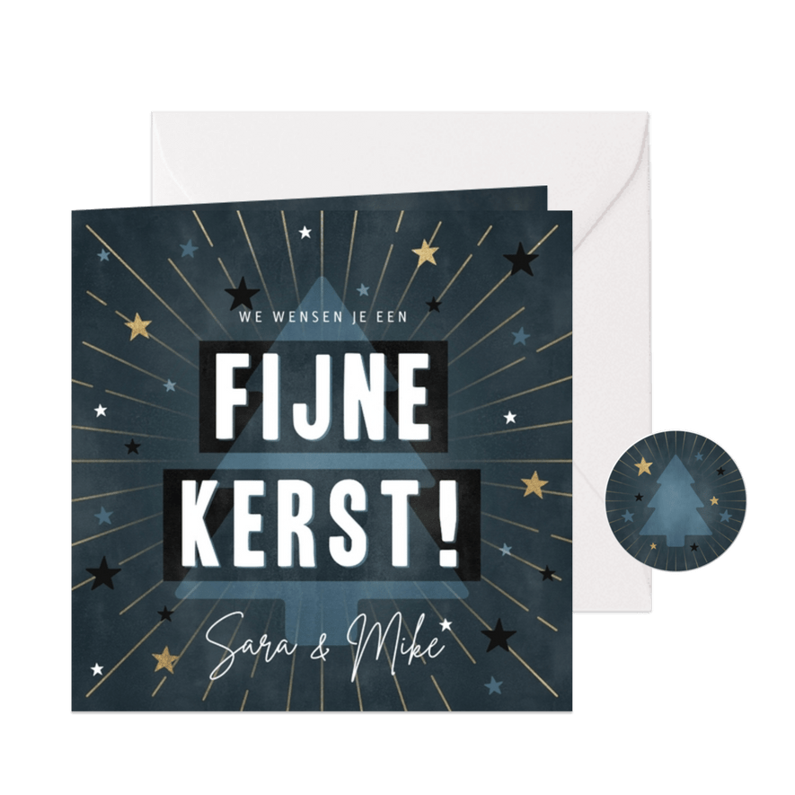 Moderne kerstkaart 'Fijne Kerst!' met sterren en kerstboom - Kaartimpressie