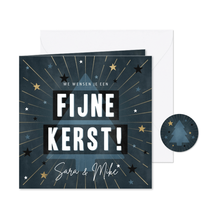 Moderne kerstkaart 'Fijne Kerst!' met sterren en kerstboom - Kaartimpressie