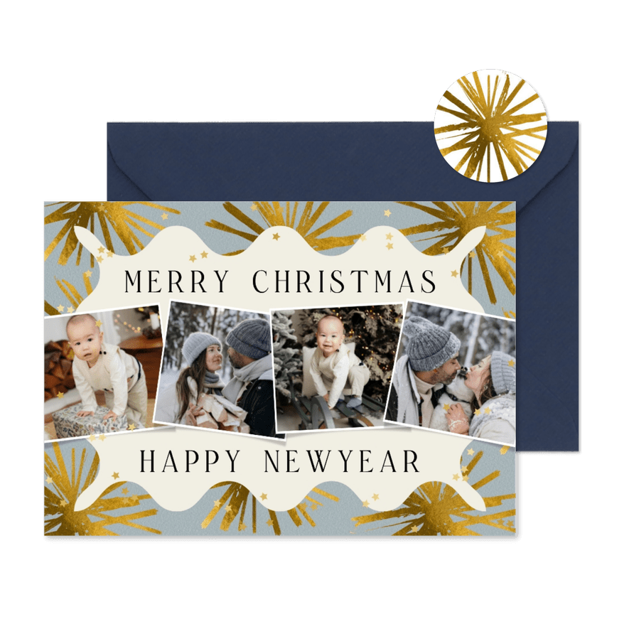 Moderne kerstkaart fotocollage vuurwerk sterren goud - Kaartimpressie