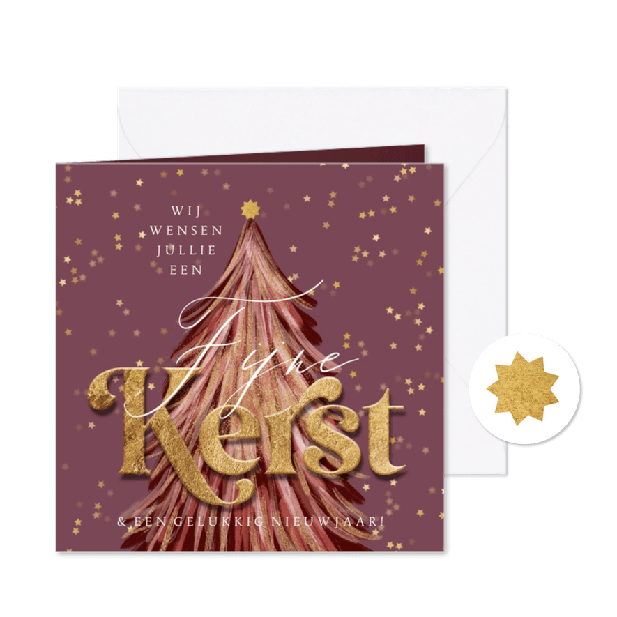 Moderne kerstkaart geschilderde kerstboom sterren goud  - Kaartimpressie