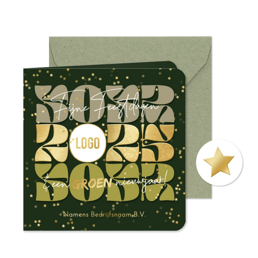 Moderne kerstkaart groen jaartal goud logo sterrenconfetti  - Kaartimpressie