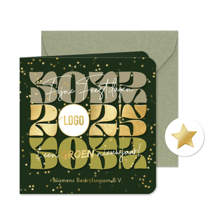 Moderne kerstkaart groen jaartal goud logo sterrenconfetti  - Kaartimpressie