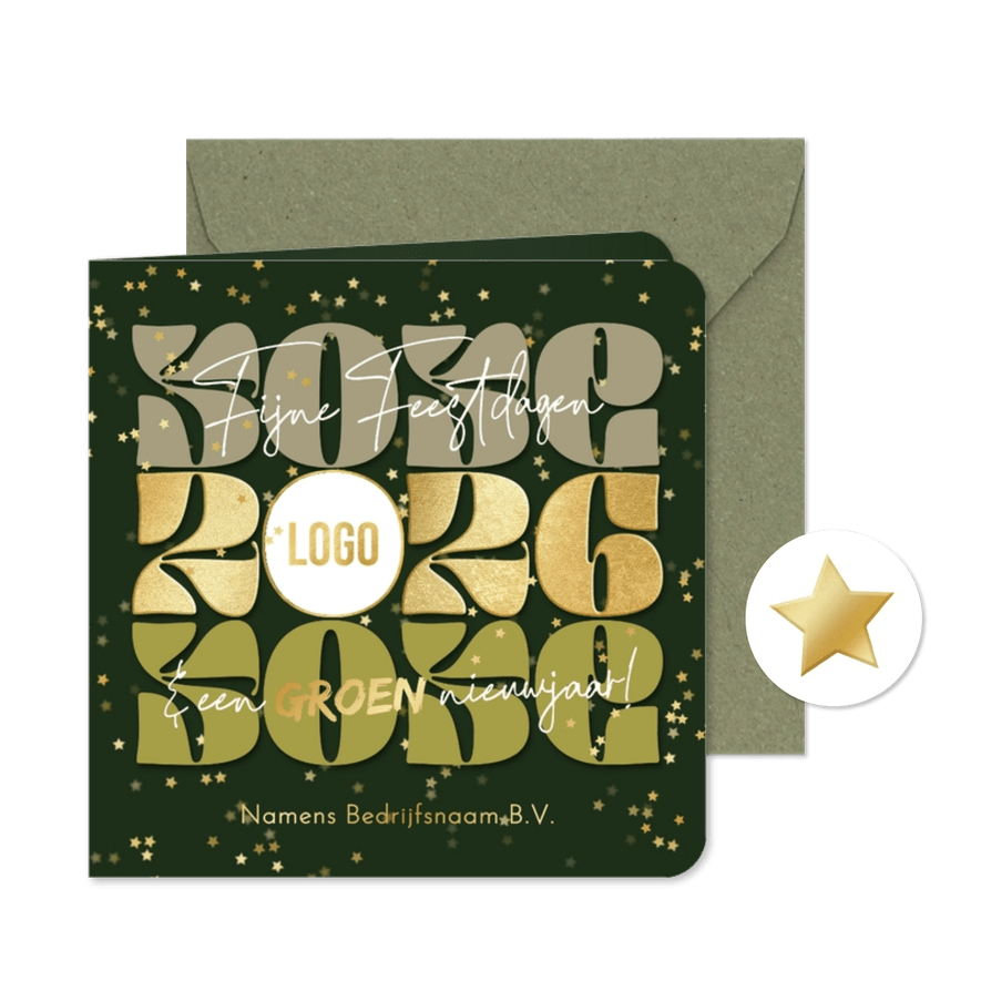 Moderne kerstkaart groen jaartal goud logo sterrenconfetti  - Kaartimpressie