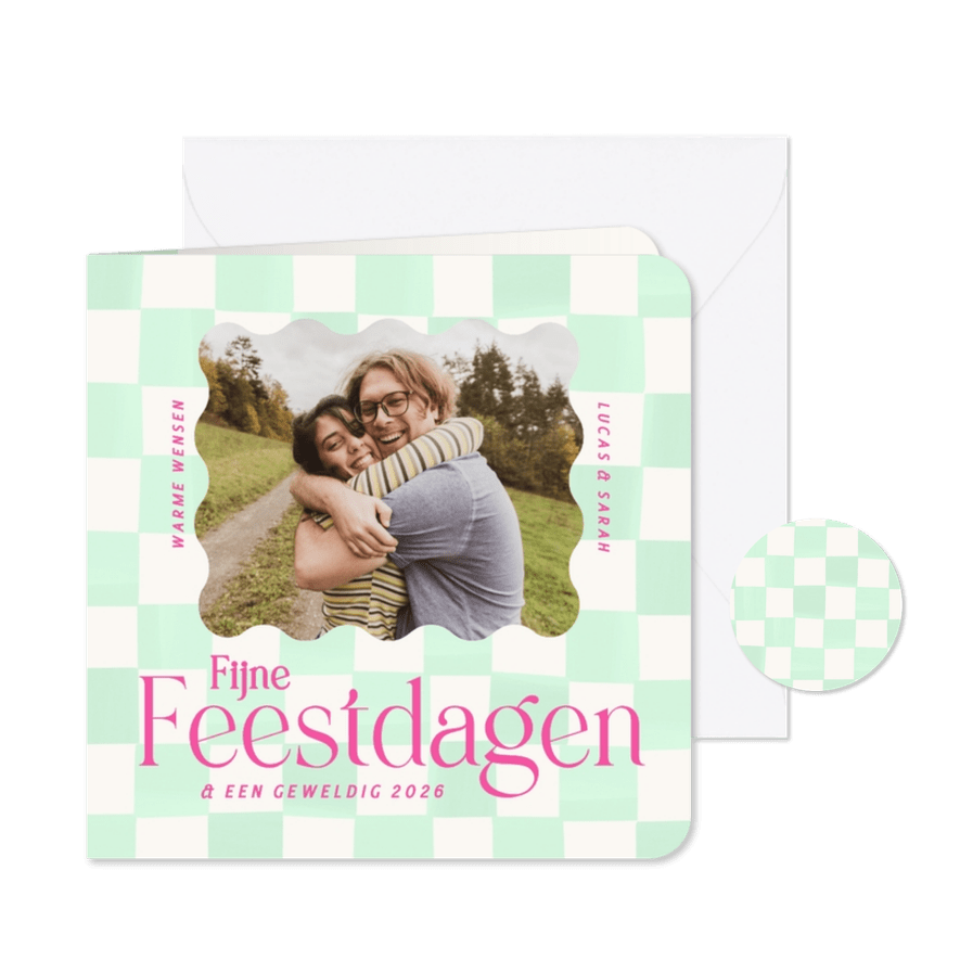 Moderne kerstkaart groene blokjes met foto en roze - Kaartimpressie