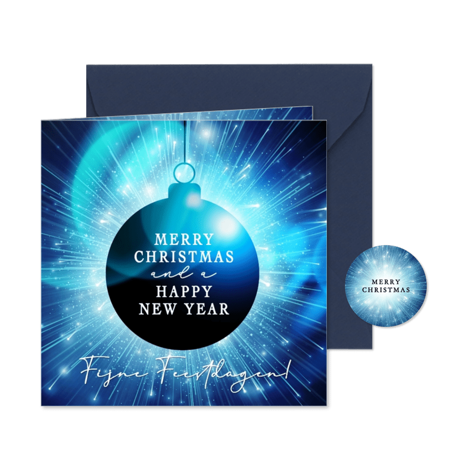 Moderne kerstkaart in blauw met kerstbal en licht - Kaartimpressie