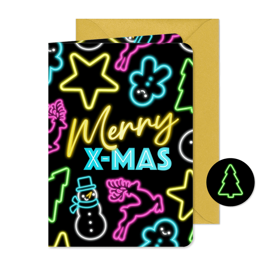 Moderne kerstkaart in vrolijke retro neon stijl - Kaartimpressie