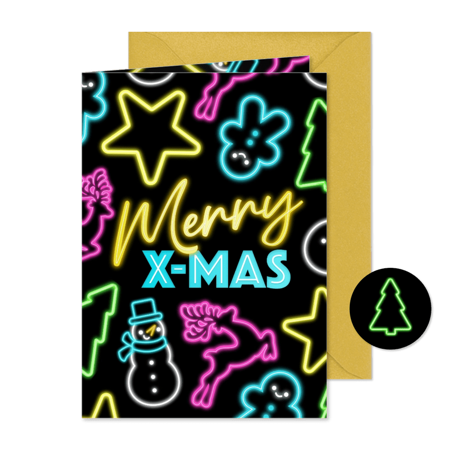 Moderne kerstkaart in vrolijke retro neon stijl - Kaartimpressie