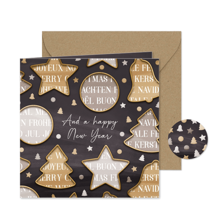 Moderne kerstkaart internationaal met kerstvormen - Kaartimpressie