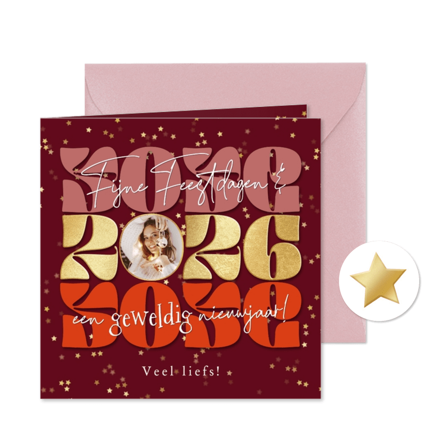 Moderne kerstkaart jaartal goudlook sterrenconfetti foto - Kaartimpressie