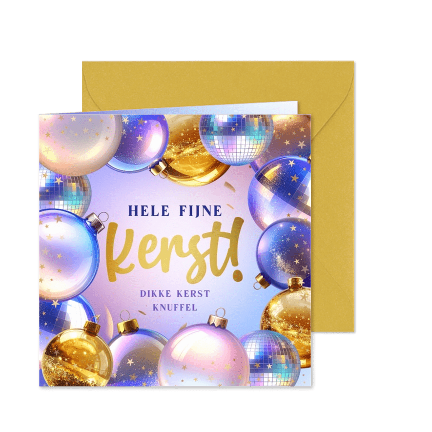 Moderne kerstkaart kerstballen discoballen en sterretjes - Kaartimpressie