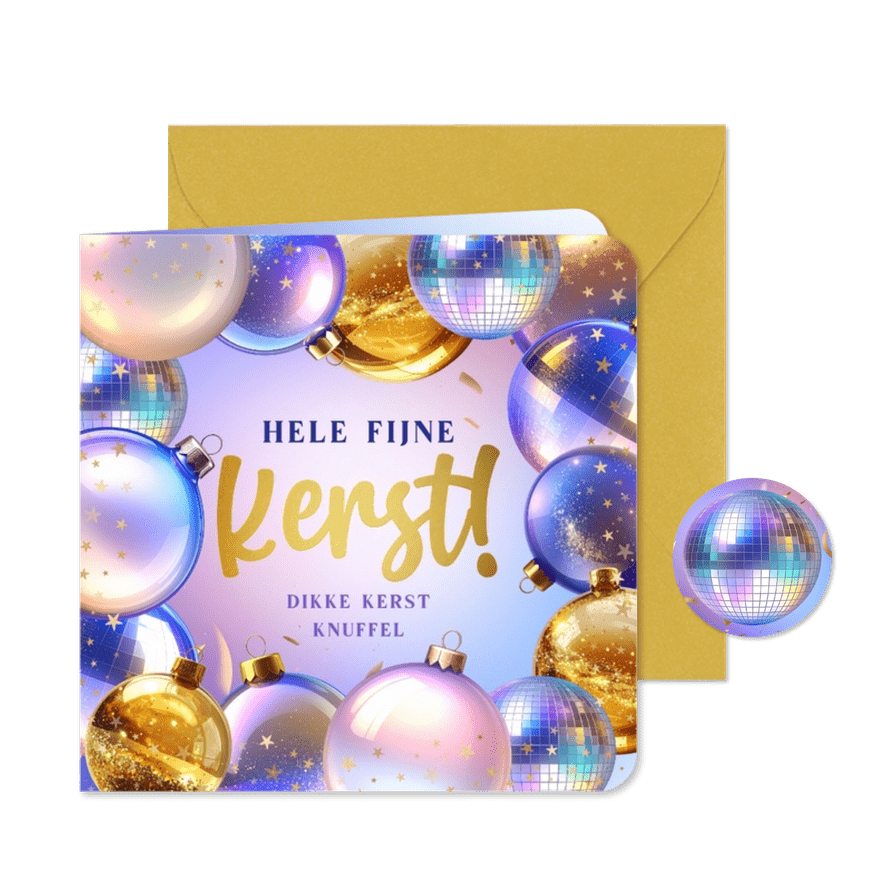 Moderne kerstkaart kerstballen discoballen en sterretjes - Kaartimpressie