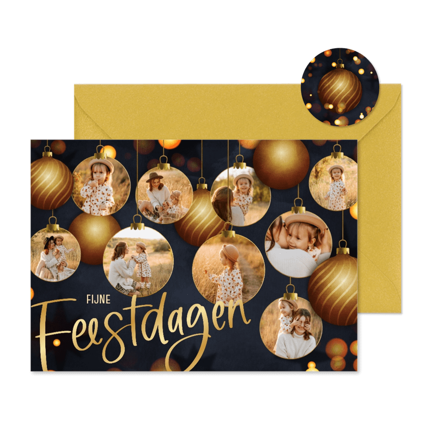 Moderne kerstkaart kerstballen fotocollage - Kaartimpressie