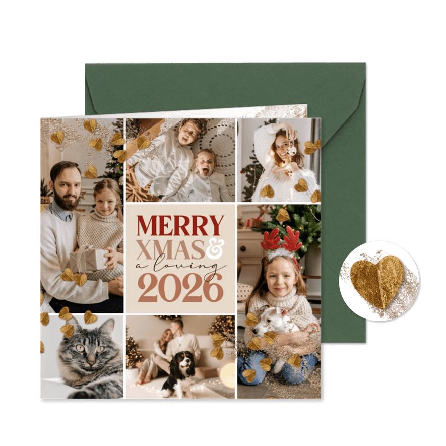 Moderne kerstkaart liefdevolle feestdagen collage harten - Kaartimpressie