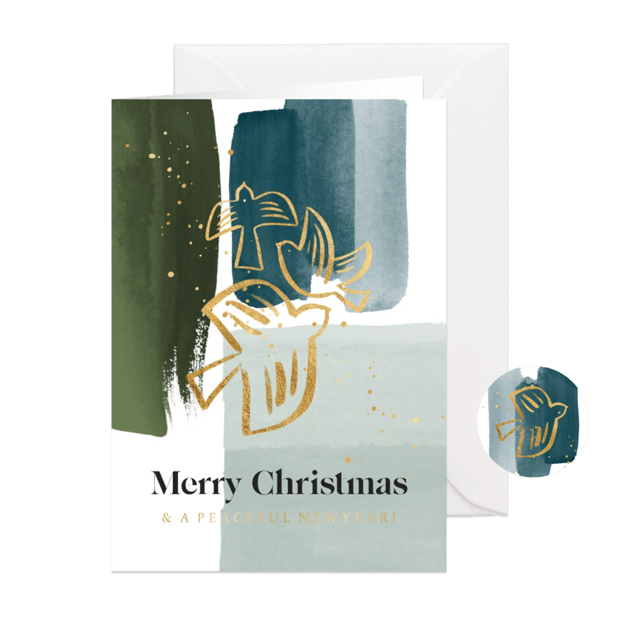 Moderne kerstkaart lijnillustratie duif watercolor goud - Kaartimpressie