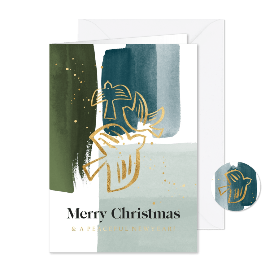 Moderne kerstkaart lijnillustratie duif watercolor goud - Kaartimpressie