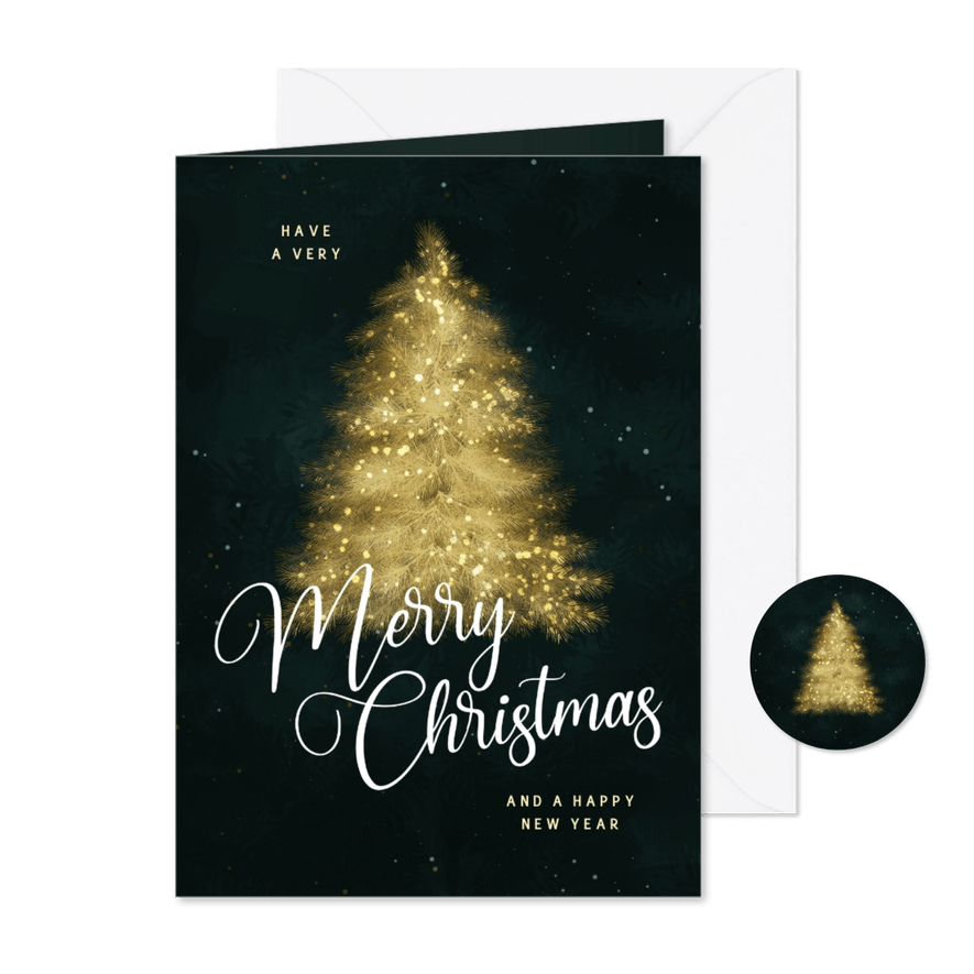 Moderne kerstkaart Merry Christmas met gouden kerstboom - Kaartimpressie