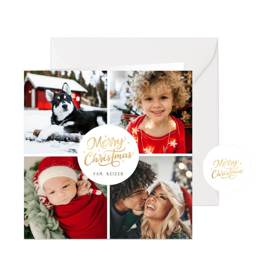 Moderne kerstkaart met 4 eigen foto's en Merry Christmas - Kaartimpressie