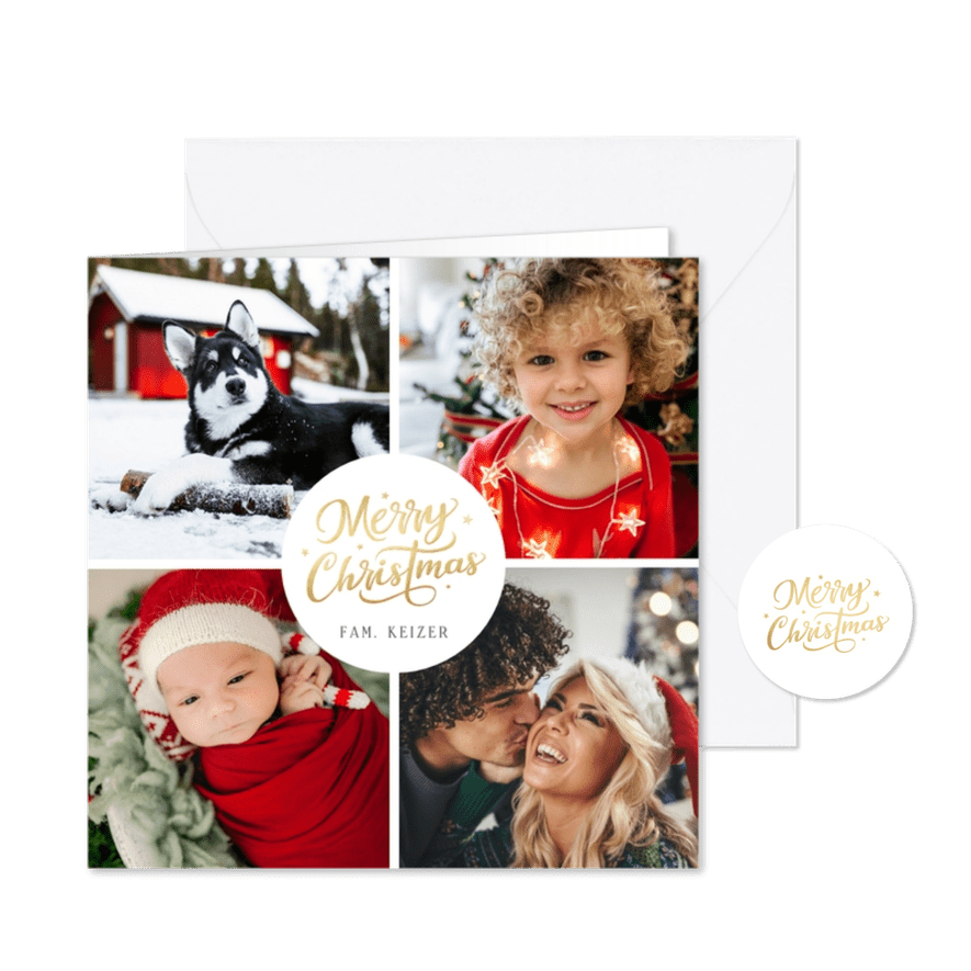 Moderne kerstkaart met 4 eigen foto's en Merry Christmas - Kaartimpressie