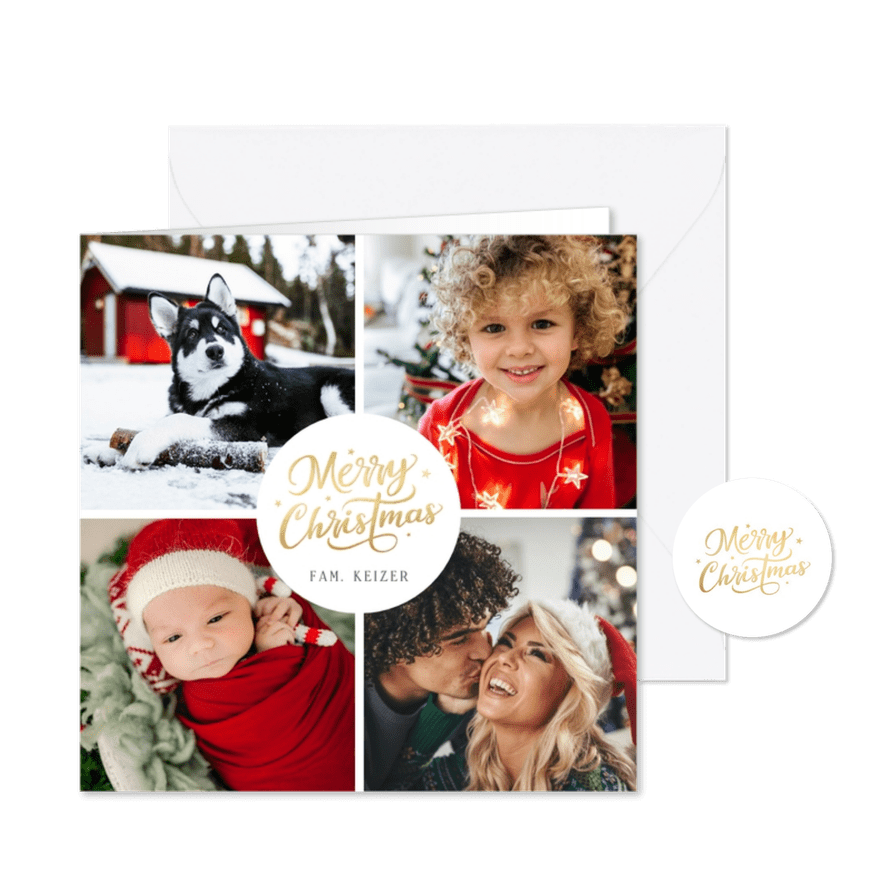 Moderne kerstkaart met 4 eigen foto's en Merry Christmas - Kaartimpressie