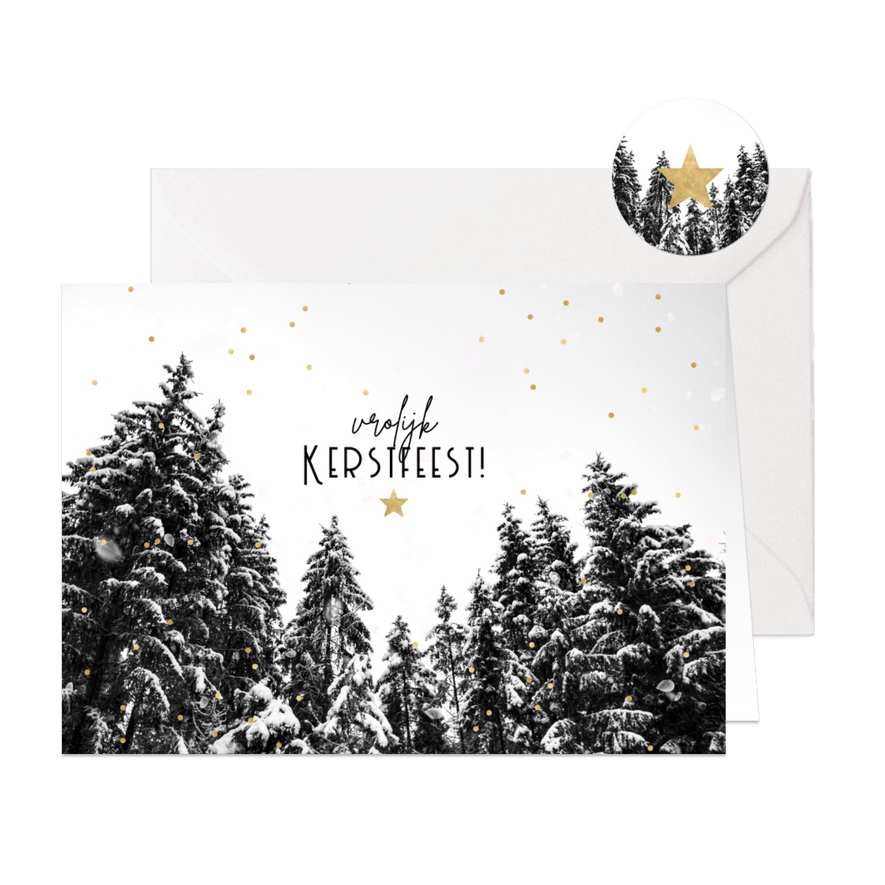 Moderne kerstkaart met besneeuwde bomen, Vrolijk Kerstfeest! - Kaartimpressie