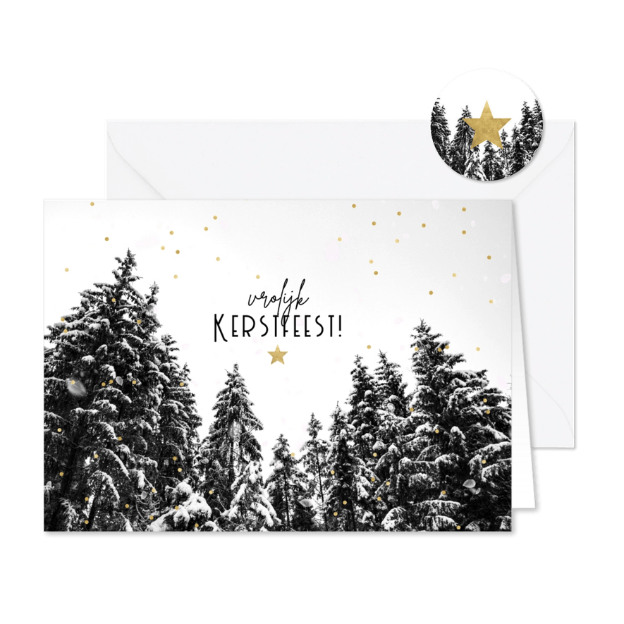 Moderne kerstkaart met besneeuwde bomen, Vrolijk Kerstfeest! - Kaartimpressie