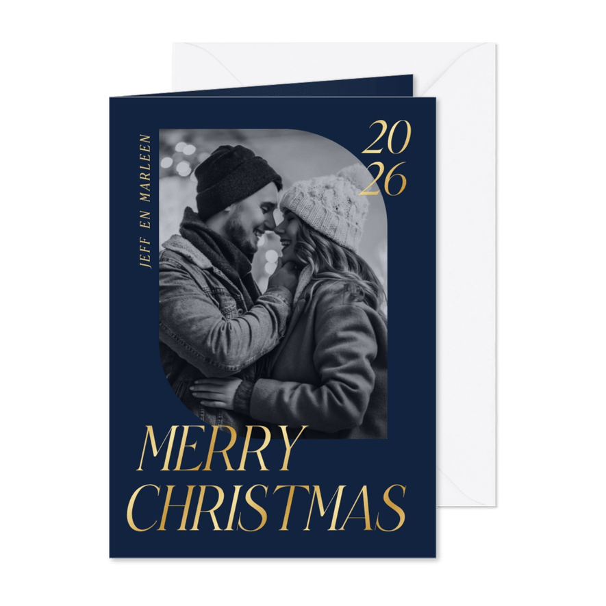 Moderne kerstkaart met eigen foto blauw en goudfolie kerst - Kaartimpressie