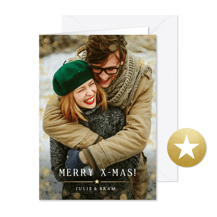 Moderne kerstkaart met eigen foto en aanpasbare teksten - Kaartimpressie