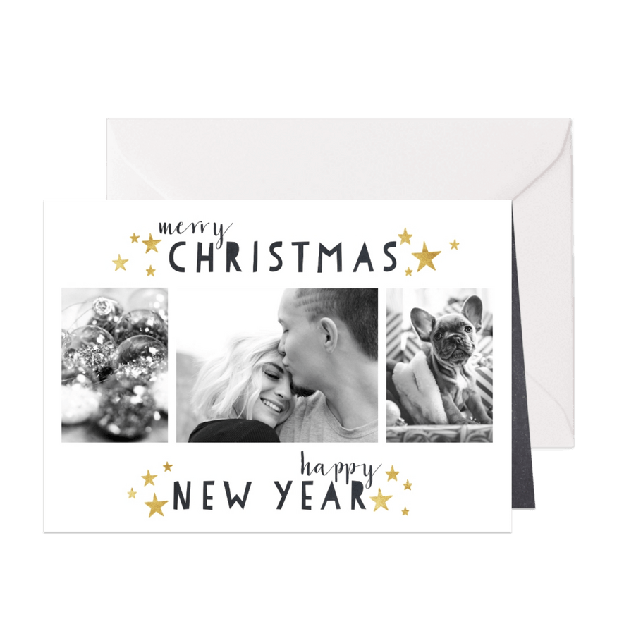 Moderne kerstkaart met foto's, typografie en gouden sterren - Kaartimpressie