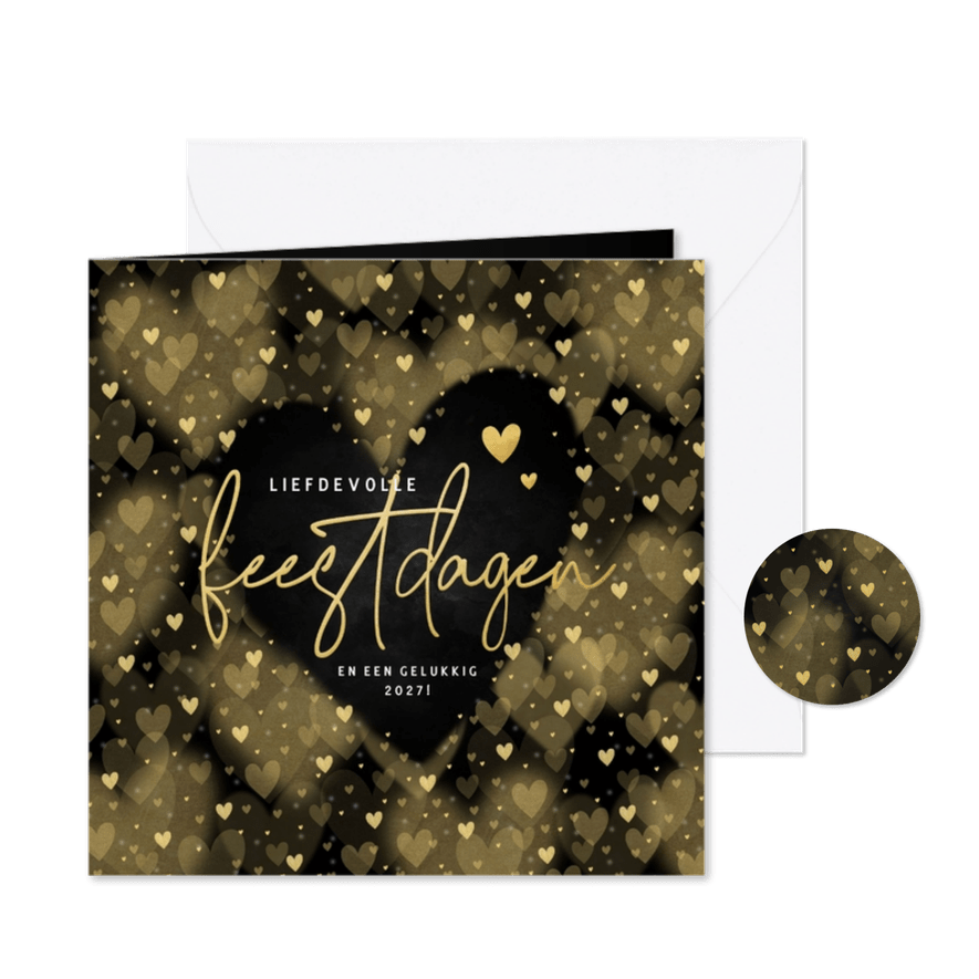 Moderne kerstkaart met gouden hartjes Liefdevolle feestdagen - Kaartimpressie