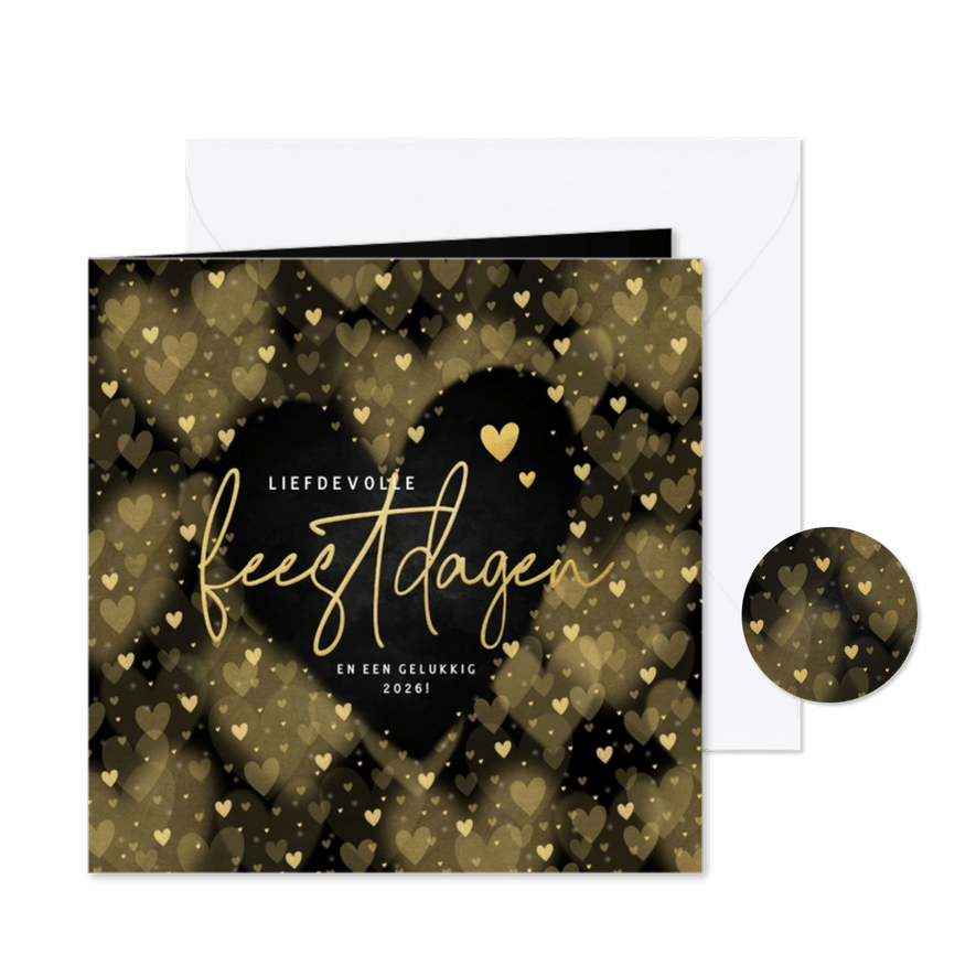 Moderne kerstkaart met gouden hartjes Liefdevolle feestdagen - Kaartimpressie