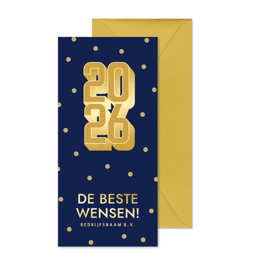 Moderne kerstkaart met gouden jaartal en confetti zakelijk - Kaartimpressie