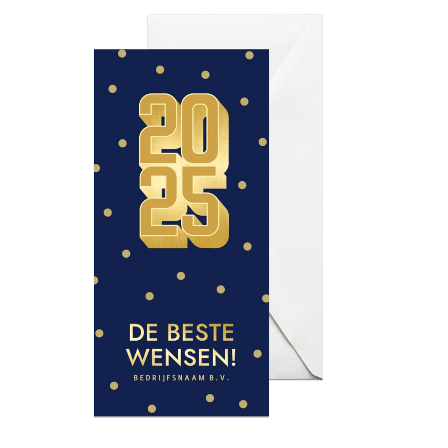 Moderne kerstkaart met gouden jaartal en confetti zakelijk - Kaartimpressie