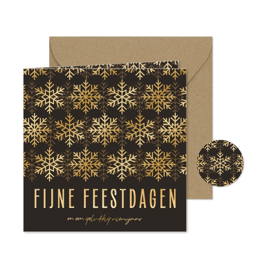 Moderne kerstkaart met goudfolie sneeuwvlokken - Kaartimpressie