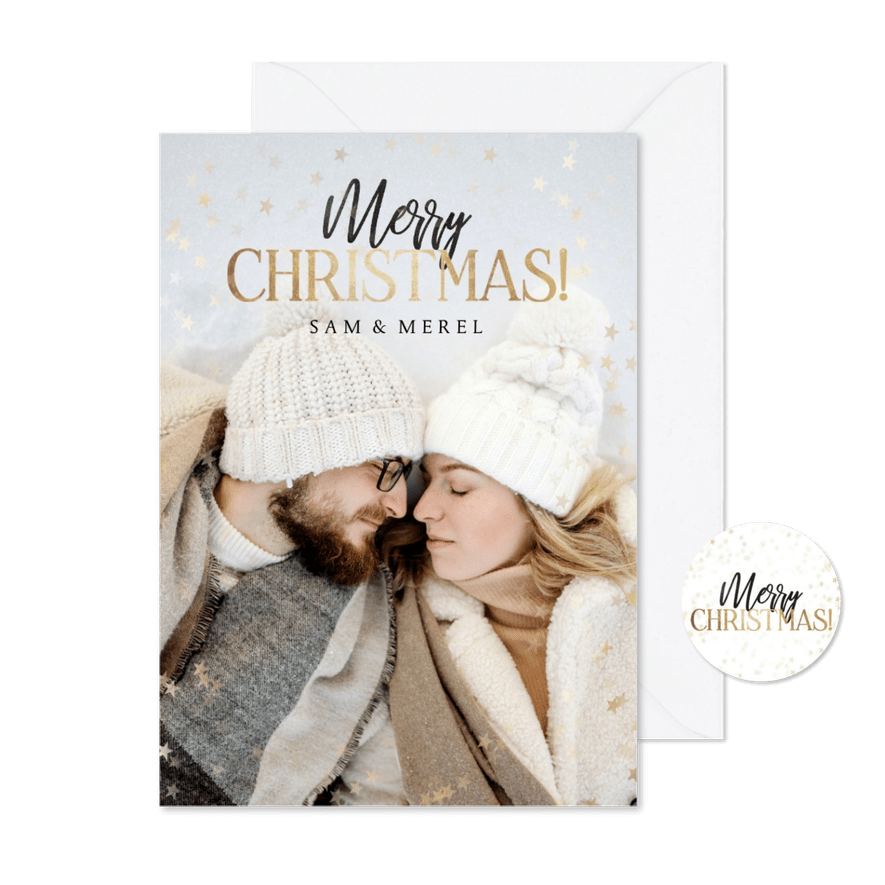 Moderne kerstkaart met grote foto sterren Merry Christmas - Kaartimpressie