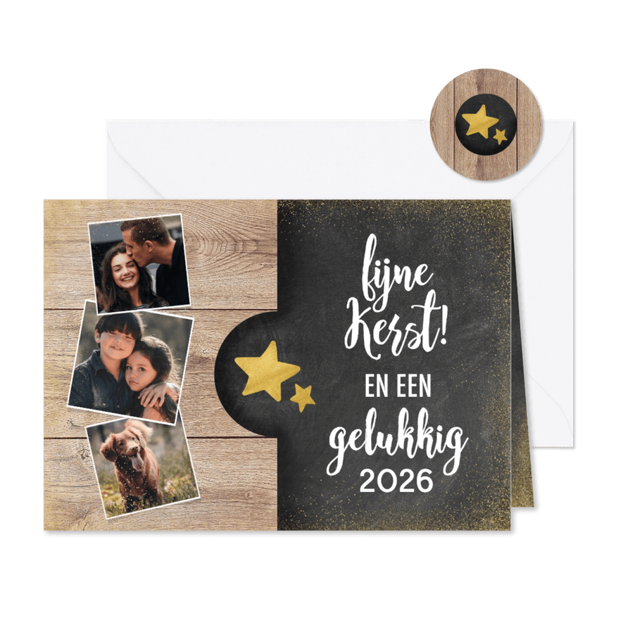Moderne kerstkaart met hout, krijtbord, foto's en typografie - Kaartimpressie