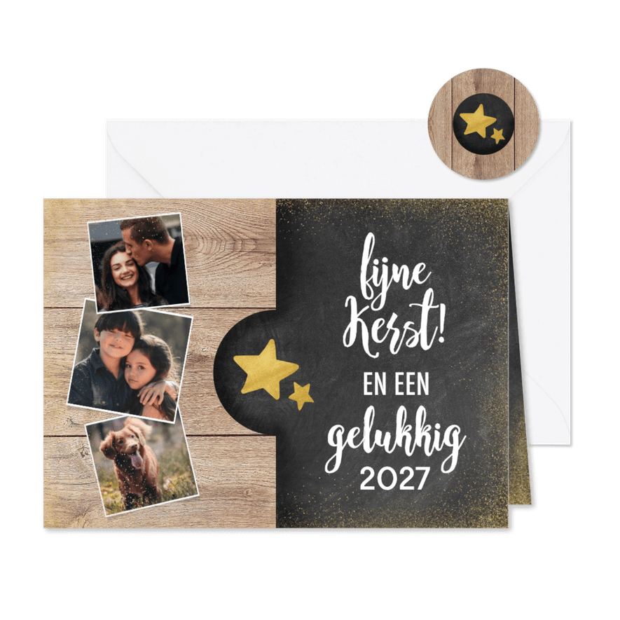 Moderne kerstkaart met hout, krijtbord, foto's en typografie - Kaartimpressie
