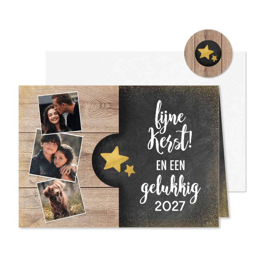 Moderne kerstkaart met hout, krijtbord, foto's en typografie - Kaartimpressie