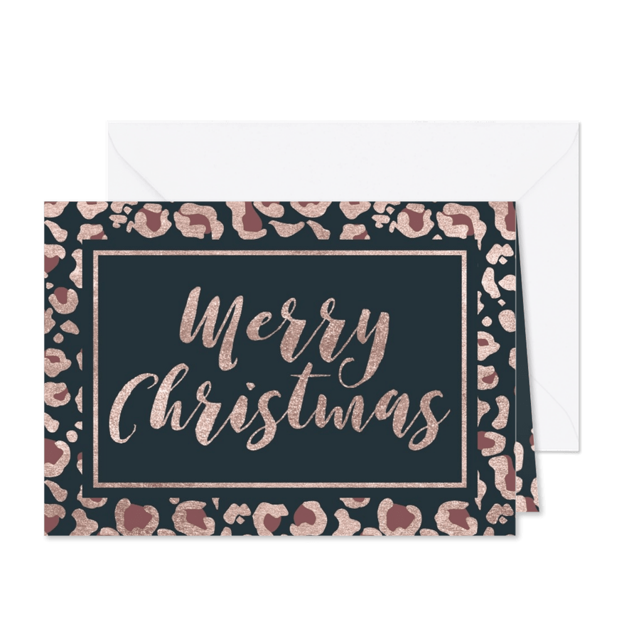 Moderne kerstkaart met koperlook panterprint en typografie - Kaartimpressie
