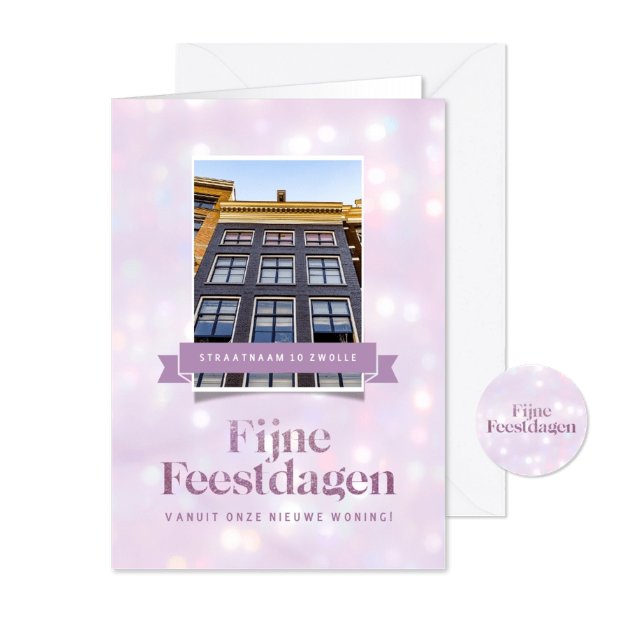 Moderne kerstkaart met paars bokeh voor verhuizing - Kaartimpressie