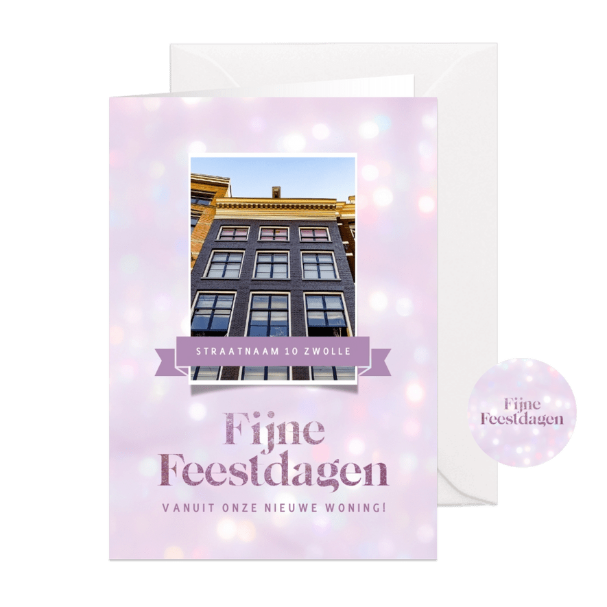 Moderne kerstkaart met paars bokeh voor verhuizing - Kaartimpressie