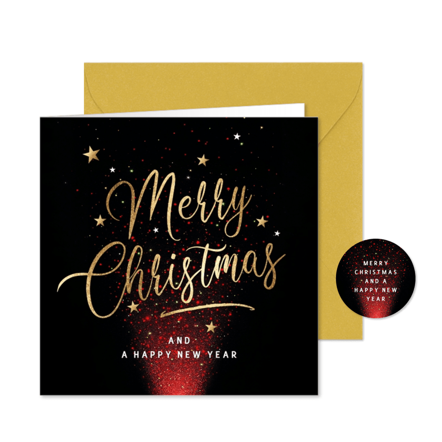 Moderne kerstkaart met rode lichtjes en gouden tekst - Kaartimpressie