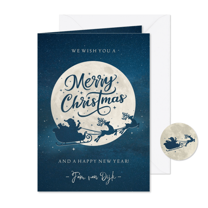 Moderne kerstkaart met silhouet van kerstman in arrenslee - Kaartimpressie