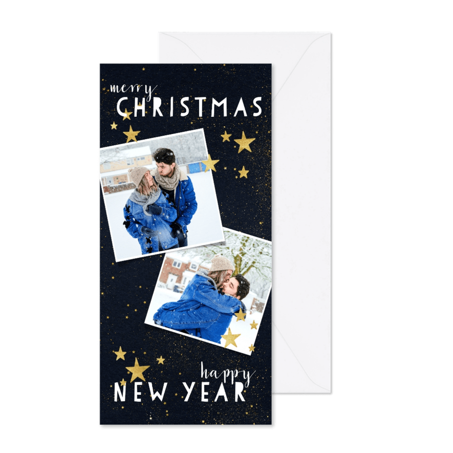 Moderne kerstkaart met typografie en gouden sterren - Kaartimpressie