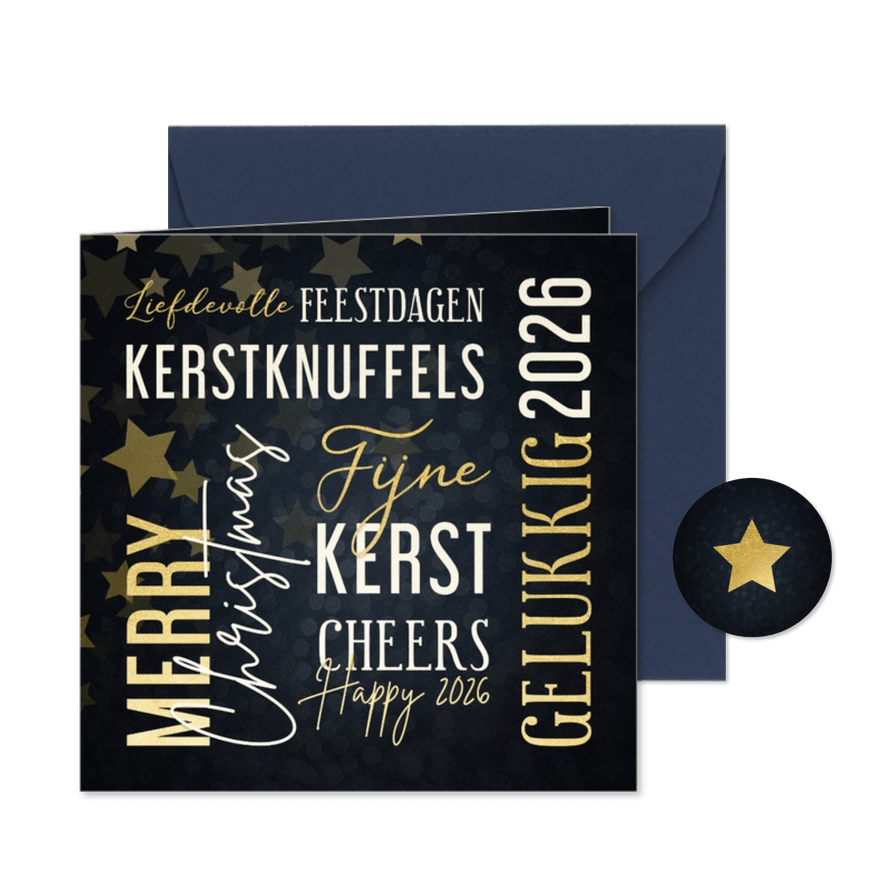 Moderne kerstkaart met woorden in goudlook - Kaartimpressie
